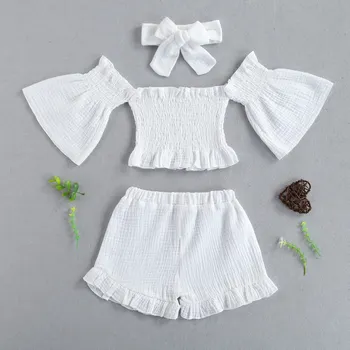 1-6Years Baby Meitenes Vasaras 3Pcs Apģērbu Komplekti Bērniem Salds tīrtoņa Krāsas Izlīdzināšanu Piedurknēm T-Krekli, Topi + Elastīga Vidukļa Bikses + Galvas stīpa