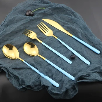 16Pcs Zilā Zelta Galda piederumu Komplekts no Nerūsējošā Tērauda Dinnerware Komplekts Zelta Galda piederumi Virtuves Sudraba Spoguli Krāsains Piederumi Komplekts