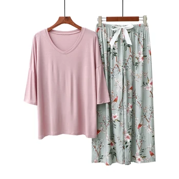 2 Gabali Sieviešu Naktsveļu Iestatīt vienkrāsainu V Kakla Īsām Piedurknēm T-krekls + Ziedu Pyjama Garās Bikses Vasaras Pidžamas Komplekts Sleepwear