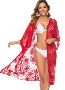 2020. gada vasaras gadījuma gara sarkana mežģīņu kimonos sievietēm zaudēt izšūtām mežģīnēm dzeltenā kimonos sieviešu dobi no pludmales kimono mežģīņu šalle top