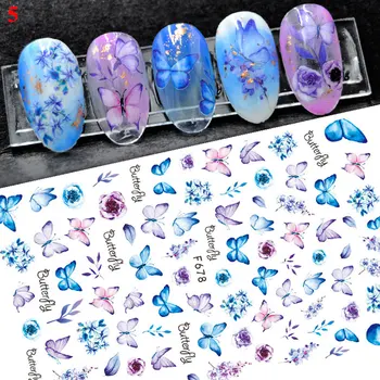 3D Nagu Uzlīmes, Uzlīmes Blue Butterfly Ziedu Uzlīmes Nail pašlīmējošas Dizaina Uzlīmes Manikīrs DIY Nail Art Apdare