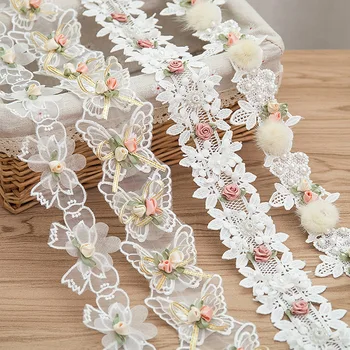 3D White Flower Tauriņš Mežģīņu Lenti Aplikācijas Šūšanas Amatniecības DIY Roku darbs Mežģīnes Lenti Izšūta Auduma Kāzu Dekorēšana