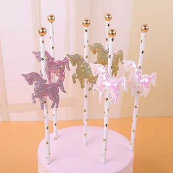 5gab Unicorn Cupcake Cilindrs Zelta Spīguļi, Happy Birthday Cake Topper Baby Dušas Unicorn Puse Bērnu Dzimšanas dienas Kūka Rotājumi