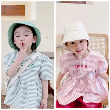 7781 Bērnu Meitene Drēbes Īsā Kleita Vasaras 2021 Gadījuma Meitene korejiešu Kleita ar Īsām Piedurknēm Vēstuli Izšuvumi Apkakles 1-7T Bērniem Apģērbs