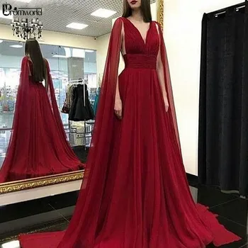 Abendkleider Ir 2021. Bordo Formālu Kleita Sievietēm Elegants Šifons V Kakla Cape Drēbes Viesībās, Dubaija Arābu Musulmaņu Vakara Kleitas, Kleita