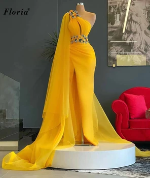 Arābu Dzeltenas Puķes Celebrity Kleitas ar Vienu Plecu Sirēna Modes skates Kleitas Sievietēm Garas Vakara Kleitas платье 2021