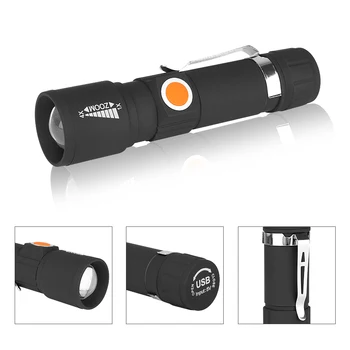 Astes USB Lukturīti Portatīvo Zoom LED Lukturītis Ūdensdrošs kabatas Lukturītis Zoom Lāpu 3 Režīmi ar iebūvētu Akumulatoru, Kempings