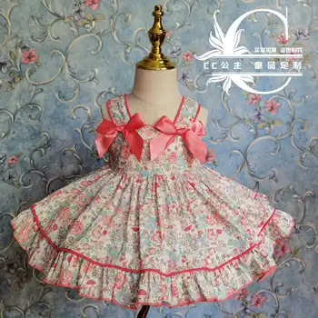 Baby girl vasaras vintage spāņu lolita ziedu bumbu kleita kleita bērni loku spageti siksnas Anglijas dzimšanas dienas svinības princese kleita