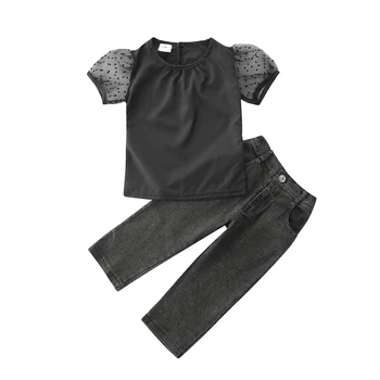 Baby Toddler Meitene Tērpiem Puff Piedurknēm T-Krekls, Tops un Bikses Garās Bikses Vasaras Apģērbu Komplekts