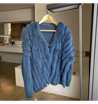 Brīvs slinks stila sieviešu trikotāžas kašmira vidēja garuma mētelis dānijas blue fox kažokādas, vilnas džemperis jaka dabīgās kažokādas jacekt