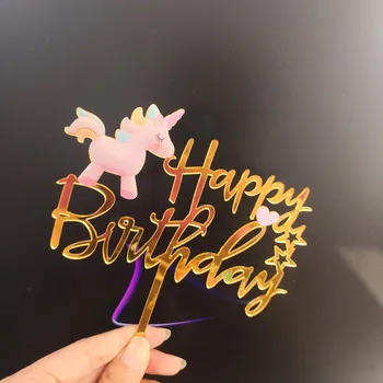 Cep Krāsains Karikatūra Dzimšanas Dienu Unicorn Kūka Sastāvdaļas Akrila Sirēna Happy Birthday Cake Sastāvdaļas Bērnu Duša Kūka Karogu