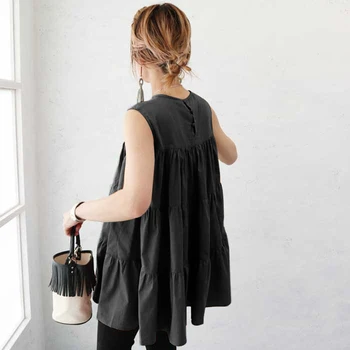 Cute Black Ruched Blūze Sieviešu Līniju Gadījuma Bez Piedurknēm, Vasaras Topi Korejas Modes Streetwear Biroja Dāmas Blūzes Ar Īsām Piedurknēm
