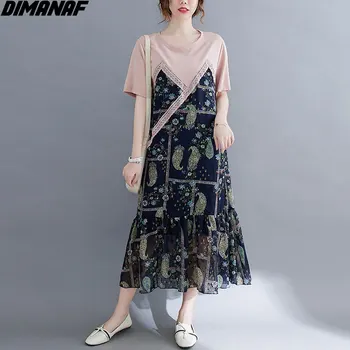 DIMANAF Plus Lieluma Sieviešu Krekls, Kleita Vasaras Īsām Piedurknēm Korejas Gadījuma Sieviešu Raibs Kokvilnas Rozā Šifona Vaļēju Jaku Kabatām