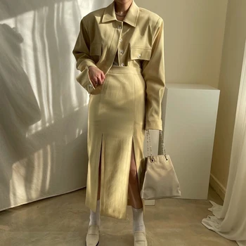 Divi 2 Gabalu Komplekti, Sieviešu Apģērbu Komplekts Sievietēm Žaketes Pavasarī Ir 2021. Vintage Garām Piedurknēm, Kabatām Mētelis Biroja Valkāt Sieviešu Pusgarās