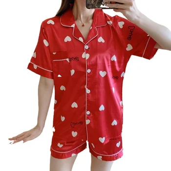 Drukāt Sirds Vasaras WAVMIT Īsām Piedurknēm Zīda Pidžamas Komplekts Gabalu Komplekts Sievietēm Sleepwear Mīksto Naktsveļu Sievietēm guļamistabas Komplekts