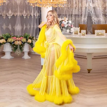 Dzeltena Sieviešu Kimono Grūtnieces Puses Sleepwear Seksīgs Mākslīgās Kažokādas Dāma Peldmētelis Milzīgais Naktskrekls Drēbes Balli Shawel Līgavas Wraps ir 2021.