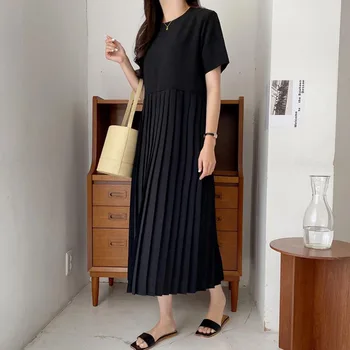 Elegantas Plisētās Vasaras Kleita Sievietēm Black O-veida Kakla Īsām Piedurknēm Gadījuma Sieviešu Kleitas ir 2021. korejas Modes Jaunu Biroju OLA Lady Kleita