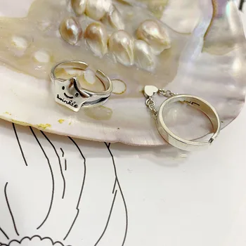 Fashion Cute Pentagram Smiling Face Thai Silver Color Ring Love Heart Tassel Chain Rings For Women