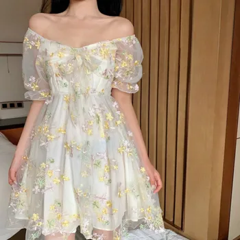 Franču Ziedu Kleitu Sievietes Sexy Puff Piedurknēm Mežģīnes, Šifons Drukāt Mini Kleita Sievietēm Vasarā Korejiešu Stilā Vintage Pasaku Kleita Jauns 2021