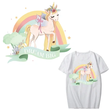 Gudrs Unicorn Plāksteris Dzelzs Nodošanas Ziedu Varavīksnes Ielāpus Meitene Apģērbs T-kreklu Aplikācijas Siltuma Pārneses Vinila Siltuma Preses