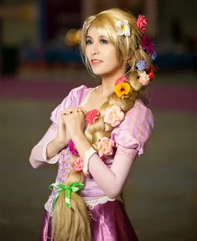 Halloween Sieviešu Princese Rapunzel Tangled Cosplay Parūka, blonda bize matu Lomu Spēlēt Ilgi, zelta Pīti Mati ar ziediem