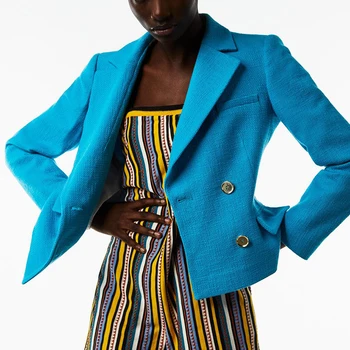 HWLZLTZHT ir 2021. Sieviešu Modes Dubultā Krūtīm Gadījuma Tvīda Žakete Mētelis Biroja Dāmas Kabatas Vintage Outwear Uzvalks Šiks Topi