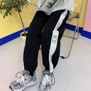 Ikdienas Sporta Bikses Sievietēm Japāņu Gudrs Trušu Izšuvumi Plaša Kāju Elsas Elastīgs Augsto Vidukli, Zaudēt Joggers Bikses Streetwear