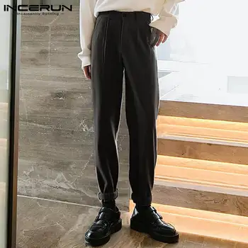 INCERUN Vīriešiem Gadījuma tīrtoņa Krāsas Bikses Atpūtas Pogas Bikses Cilvēks Baggy Dibeni Ir 2021. Modes Stilīgs Pantalones Streetwear 5XL 7