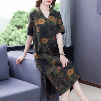 Ir 2021. Sieviešu Vintage Ziedu Mulberry Zīda Midi Kleita Vasaras Gadījuma Zaudēt 4XL Plus Size Print Kleita Eleganta Bodycon Puse Vestidos