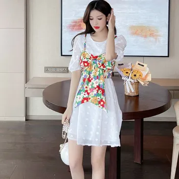 Ir 2021. Vasaras korejiešu Jaunā Modes Balta Šifona Vintage Kleitu, Viltus divdaļīga Bowknot Īsām Piedurknēm Sexy Puse Mini Kleita