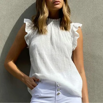 Ir 2021. Vasaras Ruffles Sieviešu T-krekls Balts Stand Apkakli bez Piedurknēm, Sieviešu T-krekli Jaunas Mīkstās Cietās Gadījuma Modes Dāmu Topi,