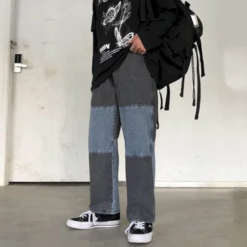 Jauna Rudens Pavasara Modes Džinsi Vīriešu Taisnas Bikses Vintage Patchworked Plaša Kāju Bikses Vaļīgas Augstās Jostasvietas Bikses BF Bikses