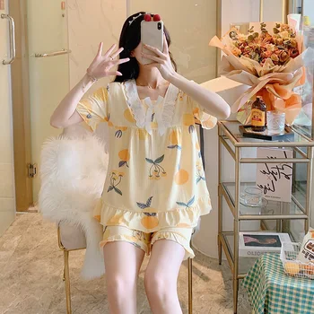 Jaunas vasaras pidžamas ar īsām piedurknēm šorti piena zīda karikatūra laukumā mežģīņu apkakle mājas kleita komplekts