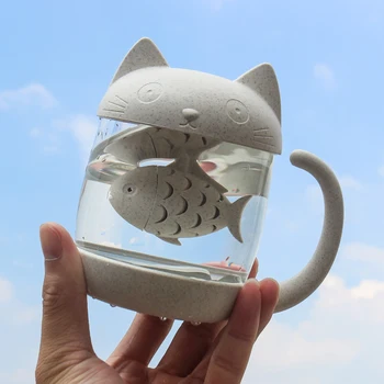 Jaunu Kawaii Kaķis Zivis Kafijas Krūze Creative Stikla Tējas Krūze Ar Filtru Un Vāku Smieklīgi Krūzes Un Tases Drinkware Bērniem, Meitenēm, Dāvanas