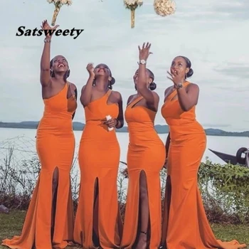 Jaunākās Apelsīnu Garas Līgavas Kleitas Nāriņa Ir 2021. Viena Pleca, Ar Split Āfrikas Sievietes Kāzu Kleita Vestidos