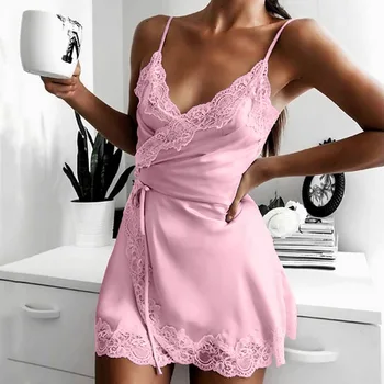 Jaunās Dāmas Zīda Cilpu Nightdress Sieviešu Sexy Apakšveļa Satīna Sleepwear Mežģīnes Kauss V-veida kakla Naktsveļu Homewear-S-3XL Jodimitty 2021
