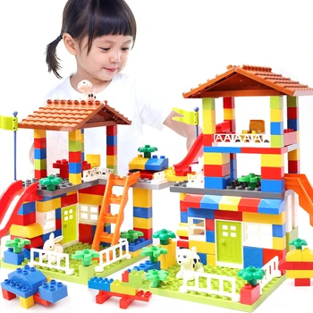 Jumta Lielās Daļiņu Celtniecības Bloki Pils Ķieģeļu Rotaļlietas Bērniem Liela Izmēra Slide Bloki Savietojami Duploed Pilsētas Māja