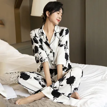 JŪLIJS DZIESMA Pidžamas Komplekts 2 Gabali Sieviešu Sleepwear Satīna Zīda Rožu Drukāt Elegants Pyjama Garas Bikses, Pavasara Vasaras Sleepwear