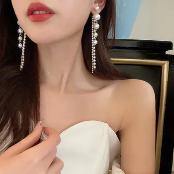 Korejas pārspīlēti pērļu virkne, gari auskari ir luksusa piederumi dāvanas sieviešu ir 2021. korejas Modes Rotaslietas Puse