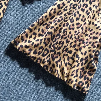 Leopards Drukāt Sieviešu Peldmētelis Trīs Ceturtdaļu Piedurknēm ar Mežģīņu Dāmas Halāti ar Vērtnes Naktskrekls Homewear Sieviešu Sleepwear 2021