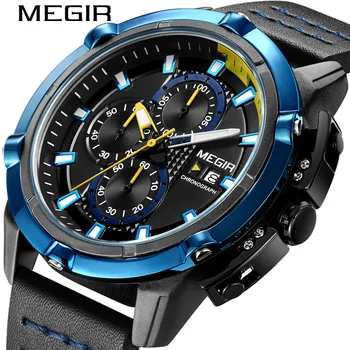 MEGIR 2062 Mens Multi-Funkcionālo Biznesa Ādas Hronogrāfs Ikdienas Sporta Ūdensizturīgs Kvarca Kalendārs Vīriešu rokas pulksteņi