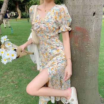 Midi Ziedu Šifona Kleita Sievietēm Elegants-line korejas Vintage Vasaras Sieviete Ir 2021. Sadalīt Kleitas Puse Brīvdienu Boho Vestidos