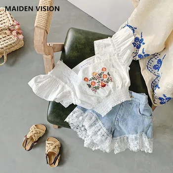 Modes Meiteņu Apģērbu Komplekti, Vasaras Mežģīnes, izšuvumi ar īsām piedurknēm Īss tops+Džinsa šorti Ikdienas kids Bērnu Apģērbu Uzvalks