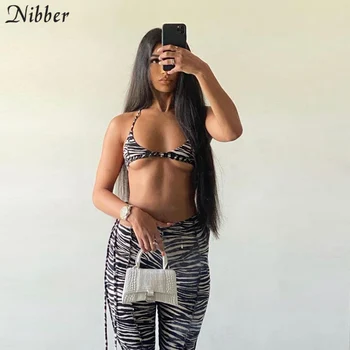 Nibber Zebra Drukāt Rakstu Atbilstības Komplekti Sievietēm Ir 2021. Bez Piedurknēm Sexy Backless Pavada Top Un Saspringts Bikses Divas Gabals Tērpiem