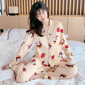 Pavasara Rudens Persiku Drukāt Cute Pidžamas Komplekts Sievietēm Mājas Tērps, Krekls Ar Garām Piedurknēm Bikses Pijamas Sleepwear 2 Gabals, Kas Soft Naktsveļu