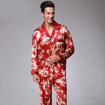 Pavasarī, Vasarā Vīriešiem Ledus Zīda Pidžamas Komplekti Plus Lieluma Kārta-Apkakle Pijamas Pūķis Drukas 2 Gabali Uzvalks Fasinon Vīriešu Homewear