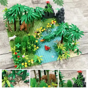 Pickwoo D9 Rainforest Dzīvnieku Zivis, Zāli, Koku Celtniecības Bloki, Piederumi ar Maza Izmēra Ķieģeļu Plātne Pilsēta KM Daļām DIY Rotaļlietas