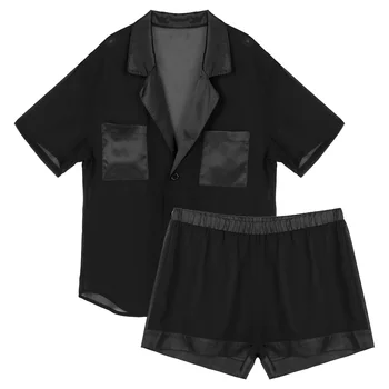 Pidžamas Uzvalks Šifona Satīna Pidžamas Komplekti Skatīt caur Lupatu Māšele Naktsveļu Sleepwear Atloks ar Īsām Piedurknēm Pogas, Topi ar Īsām