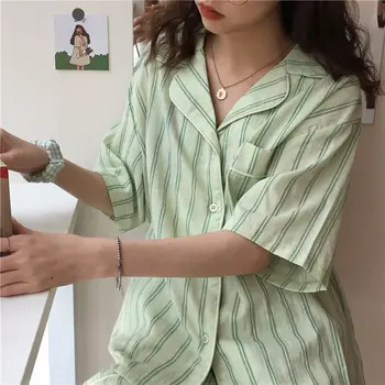 QWEEK korejas Homewear Sievietēm Vasarā Ir 2021. Striped Pajamas Pidžamas Komplekti Īsām Piedurknēm Pijamas 2 Gabals, kas Sleepwear Nightie PJ