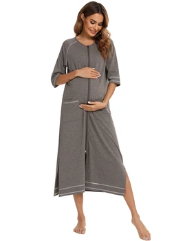 Rāvējslēdzēju Sieviešu Sleepwear pidžamas Maternitātes Kleita 3/4Sleeve Māsu Bērnu ar Krūti Nightdress Grūtniecības Kleita пижама хлопок